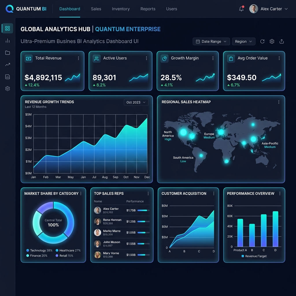 BI and Analytics Dashboard interface showing charts and KPI metrics