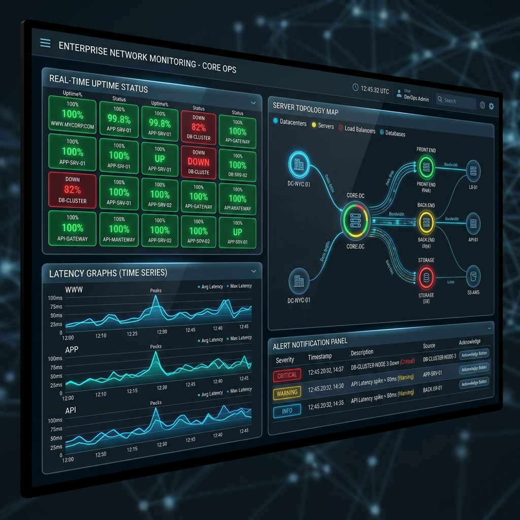 Network and website monitoring dashboard with uptime tracking