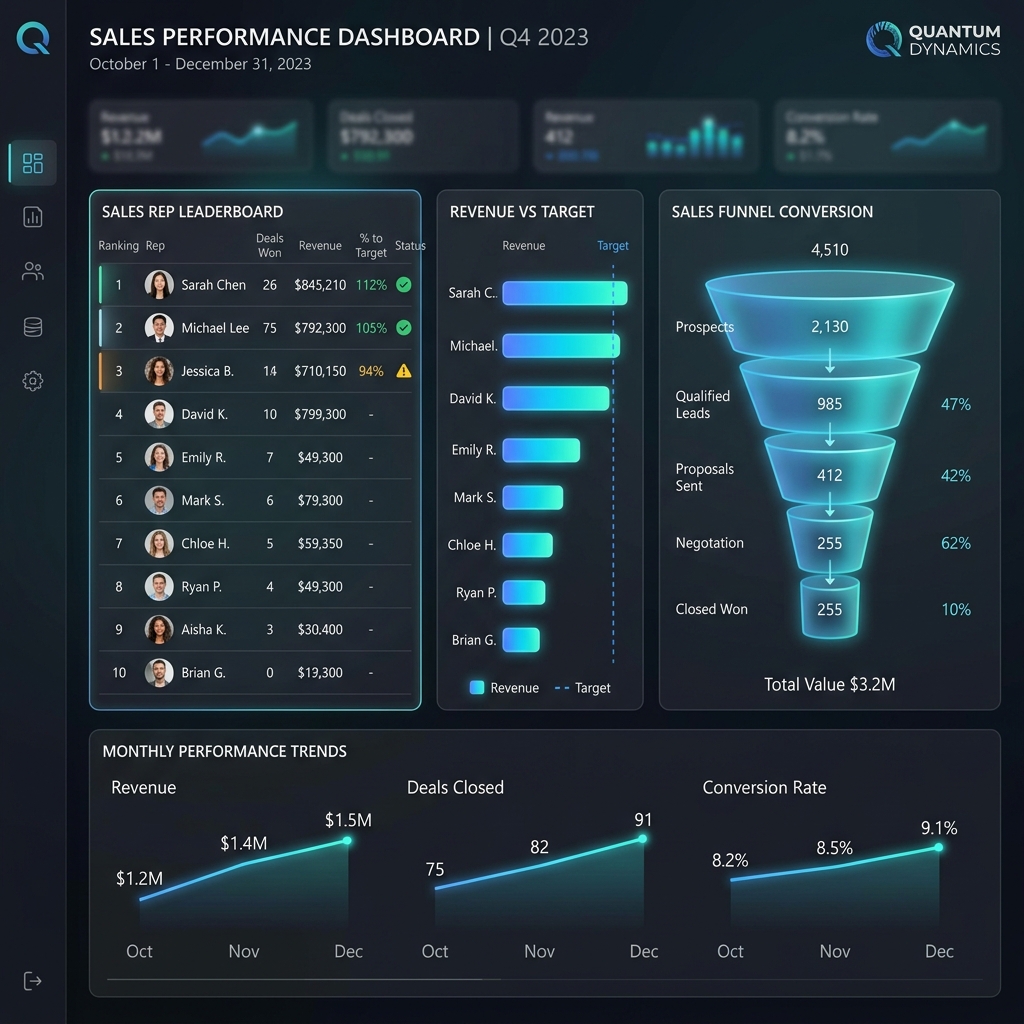 Sales performance tracking dashboard with leaderboards and revenue charts